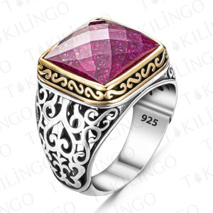 Alternative view of 925 Ayar Gümüş Mor Renkli Buzlu Taşlı Usta İşi Erkek Yüzük