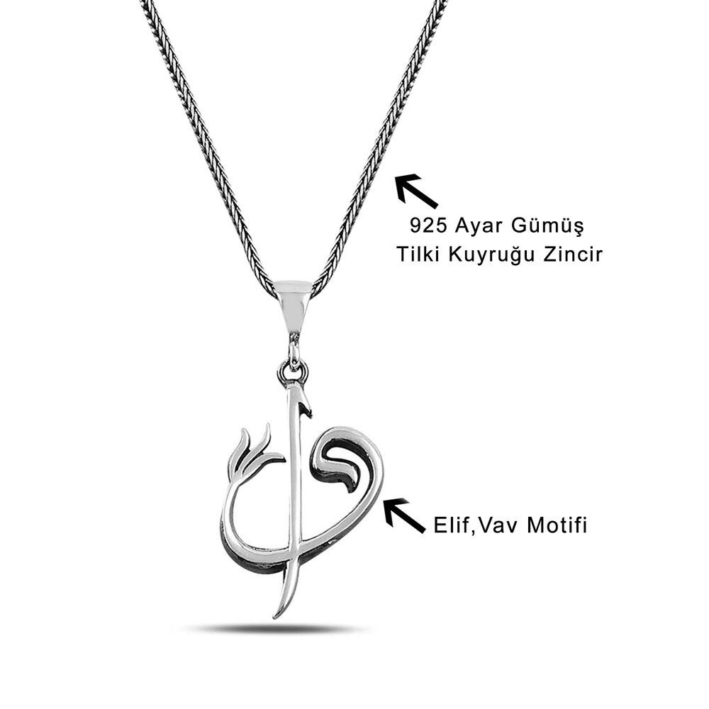 925 Ayar Gümüş Elif Vav Tasarımlı Unisex Kolye - Görsel 2