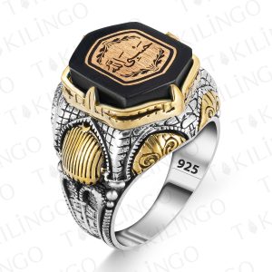 Alternative view of 925 Ayar Gümüş Hasbiyallah Yazılı Kehribar Taşlı Şehzade Kasa Erkek Yüzük