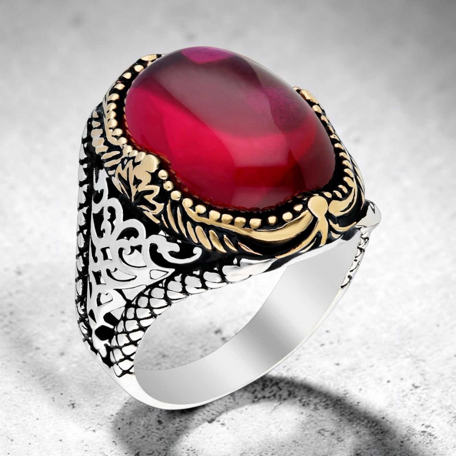 925 Ayar Gümüş Oval Kırmızı Ruby Taşlı Erkek Yüzük