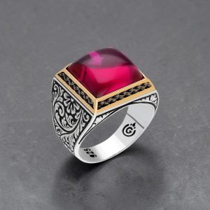925 Ayar Gümüş Kırmızı Ruby Taşlı Kalem İşlemeli Erkek Yüzük
