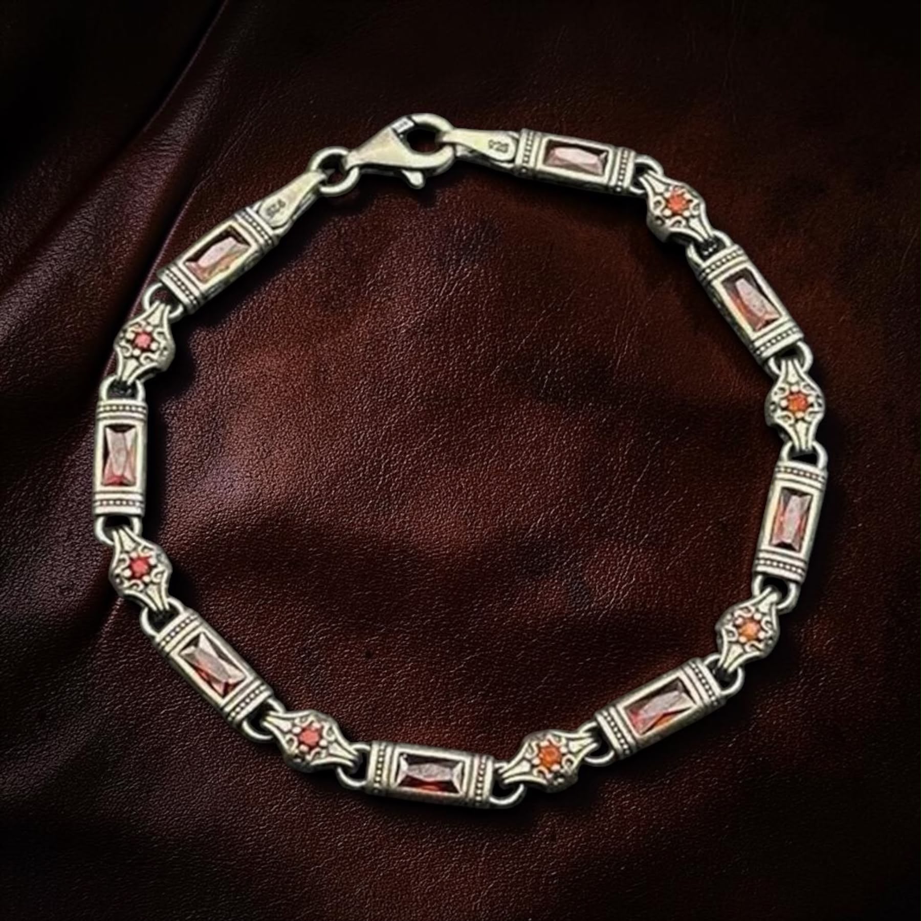 925 Ayar Gümüş Garnet Lal Taşlı Vintage Otantik Erkek Bileklik - Görsel 4