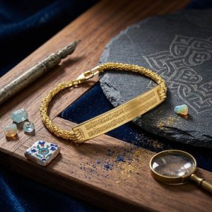 925 Ayar Gümüş Ayetel Kürsi İşlemeli 14 Ayar Gold Kaplamalı Kral Zincir Erkek Bileklik
